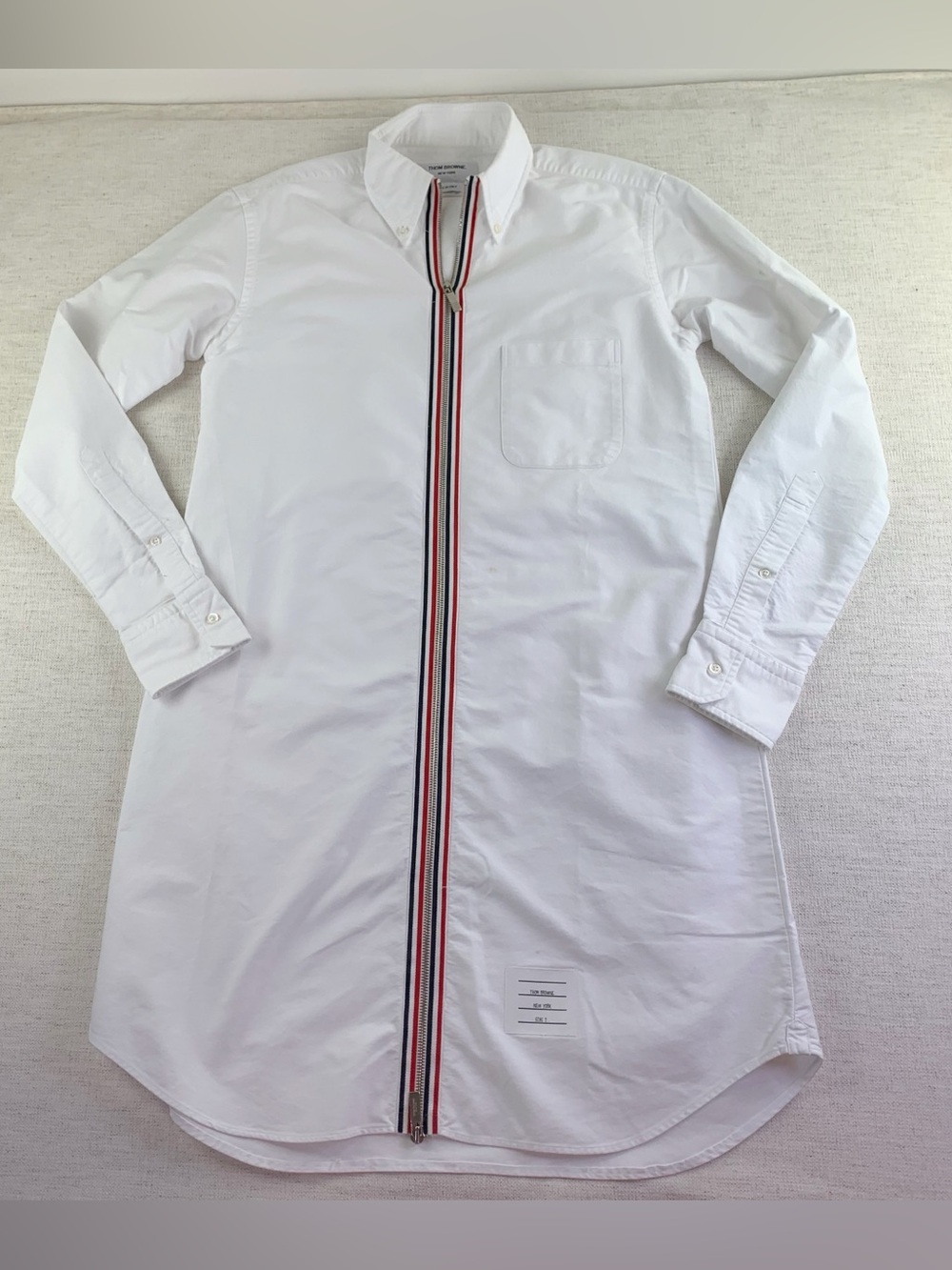 Thom Browne women long sleeve Oxford shirt dress zip front with signature tripes